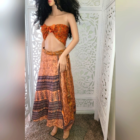 Exotic Boho Silk Muted Gold & Blue Reversible Wrap Maxi Skirt - Picture 8 of 16